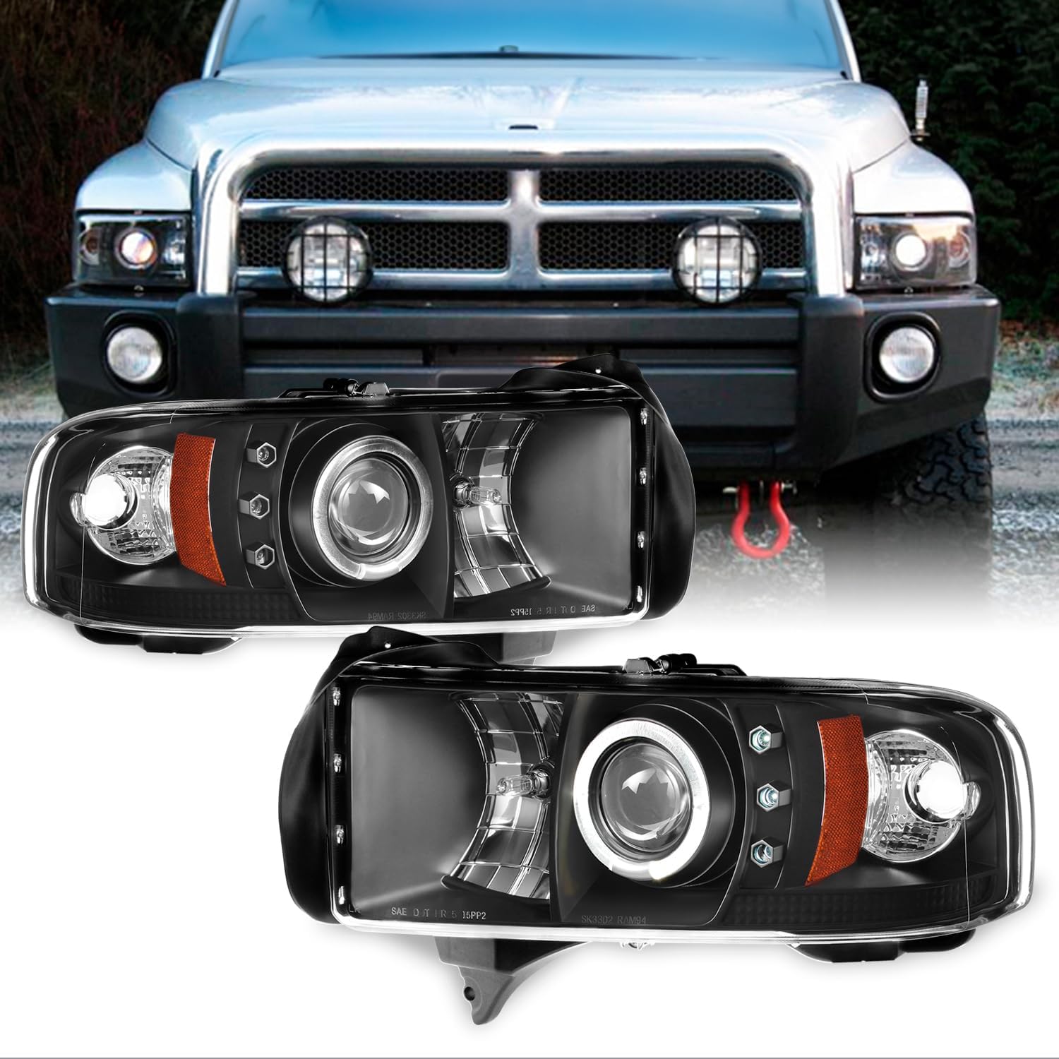 AKKON - For Compatible with Dodge Ram 1500/2500/3500 Pickup ARB Black Dual LED Ring Projector Replacement Headlights Left/Right