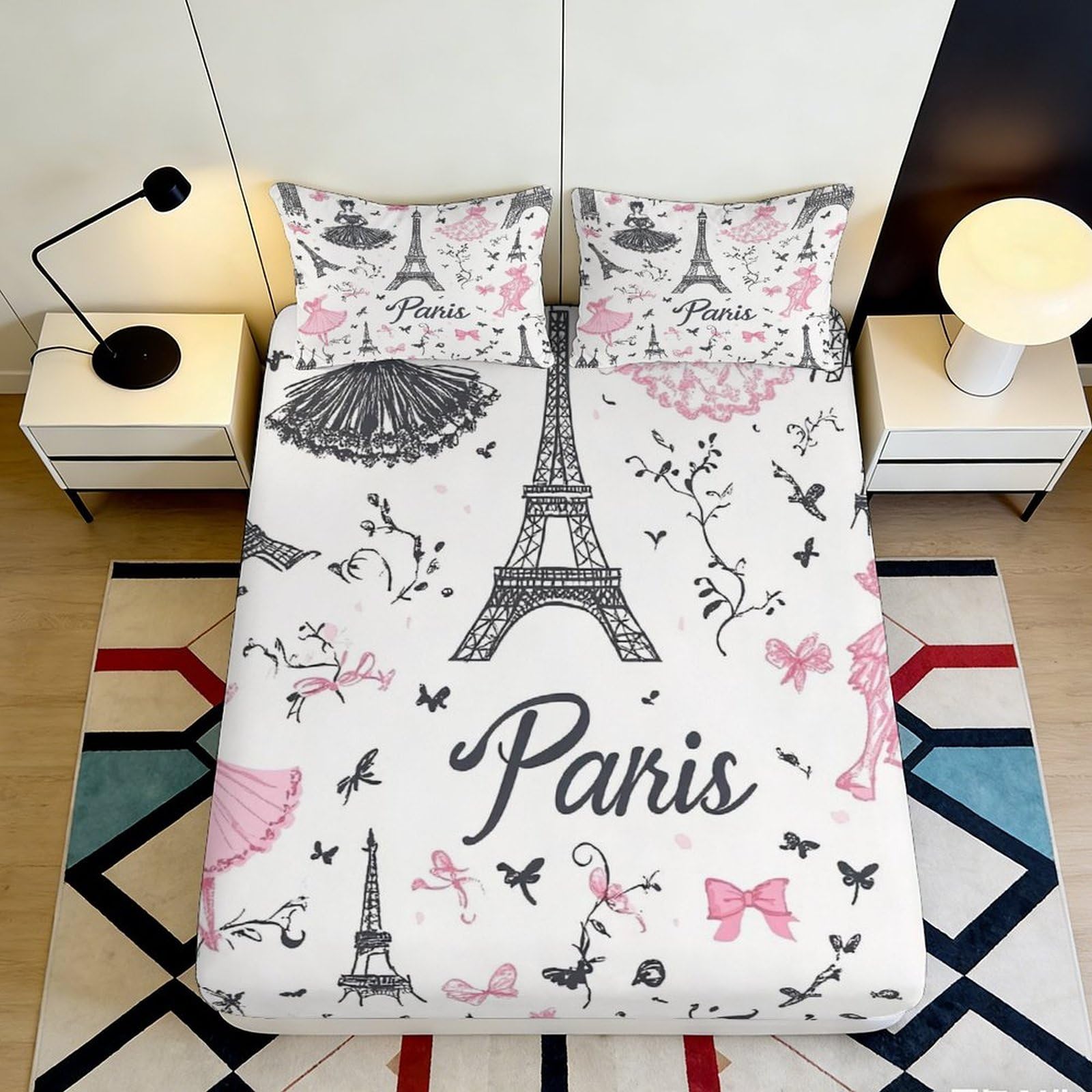 3D Printed Paris Eiffel Tower Fitted Sheet Microfiber Soft Breathable Ballet Bed Cover for Bedroom Dormitory Guest Room Mattress Protection Decor 140x200x25cm
