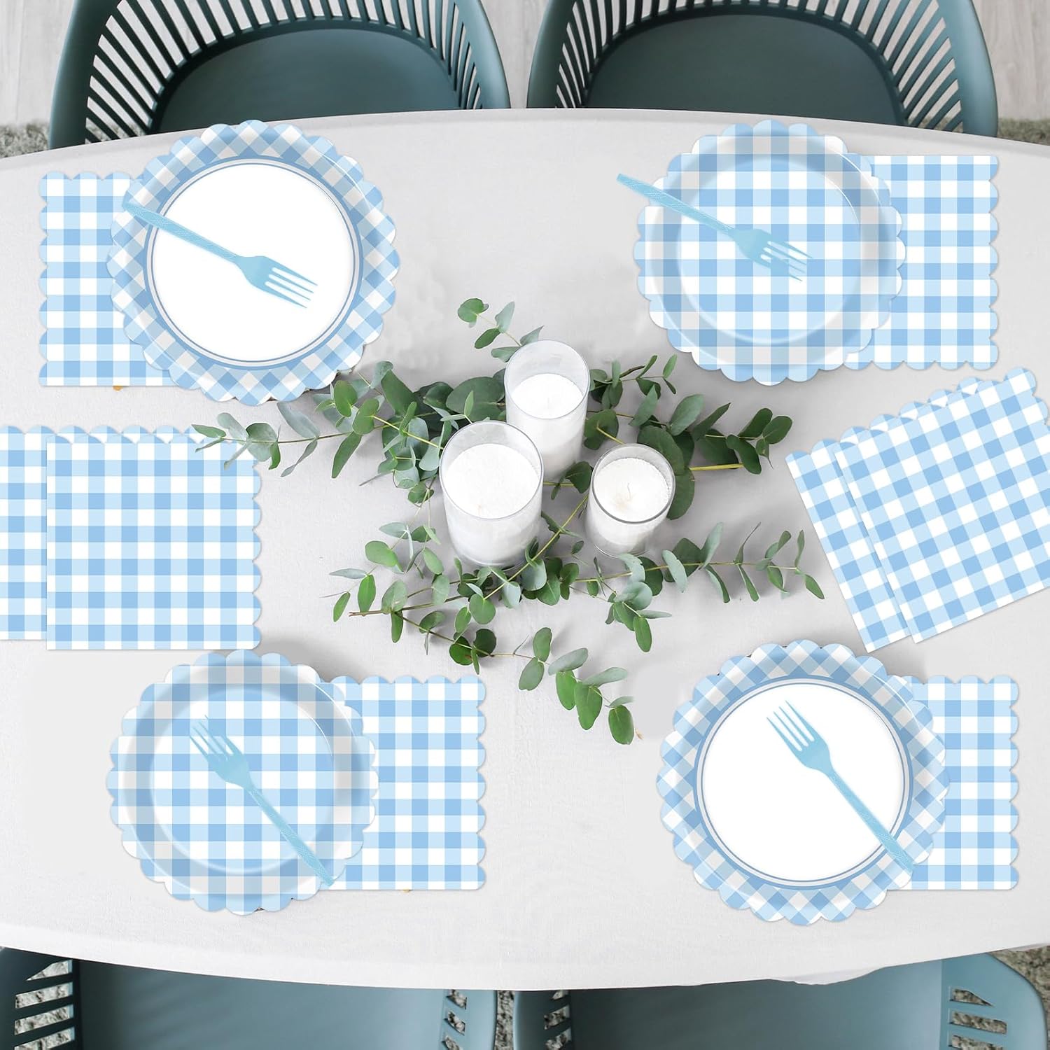 100Pcs Blue Checkered Party Supplies Blue and White Plaid Paper Plates and Napkins Scalloped Disposable Dessert Tableware Party Decorations for Birthday Wedding Picnic BBQ Baby Shower Serves 25 - Image 5