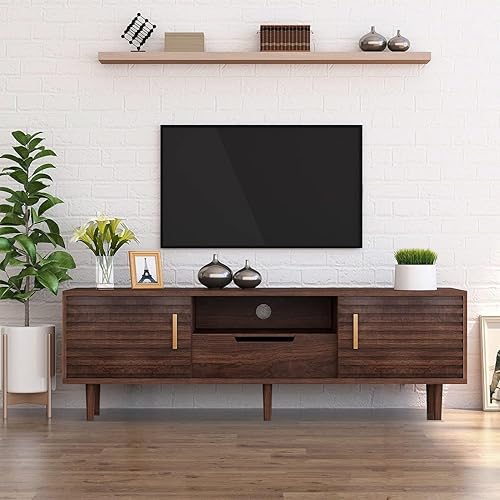 Miniatura 2 de Soporte de TV moderno de mediados de siglo para televisores de hasta 65 pulgadas consola de TV de madera con cajón armario de almacenamiento de