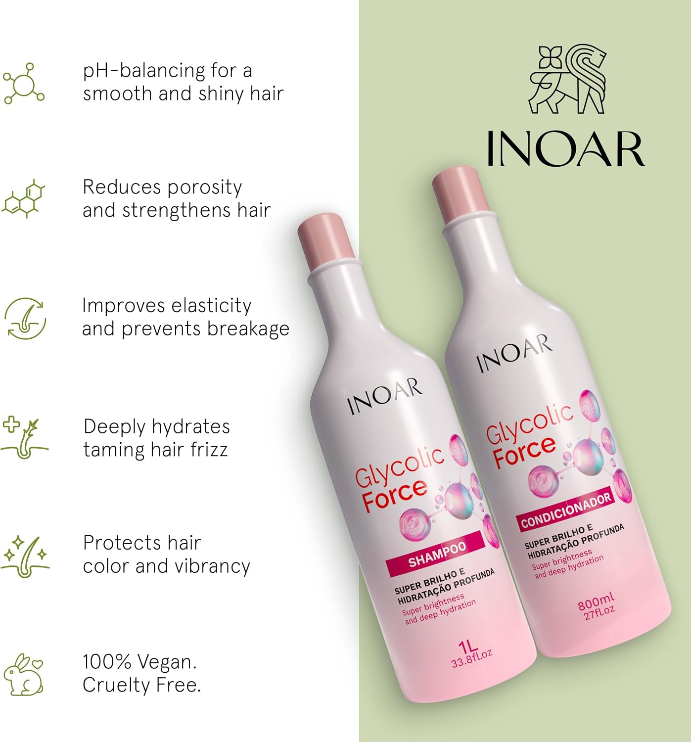 Inoar, Glycolic Force Kit Shampoo e Condicionador para Hidratação Profunda, Brilho Intenso e Recuperação Capilar – 800ml Inoar, Glycolic Force Kit Shampoo e Condicionador para Hidratação Profunda, Brilho Intenso e Recuperação Capilar – 800ml