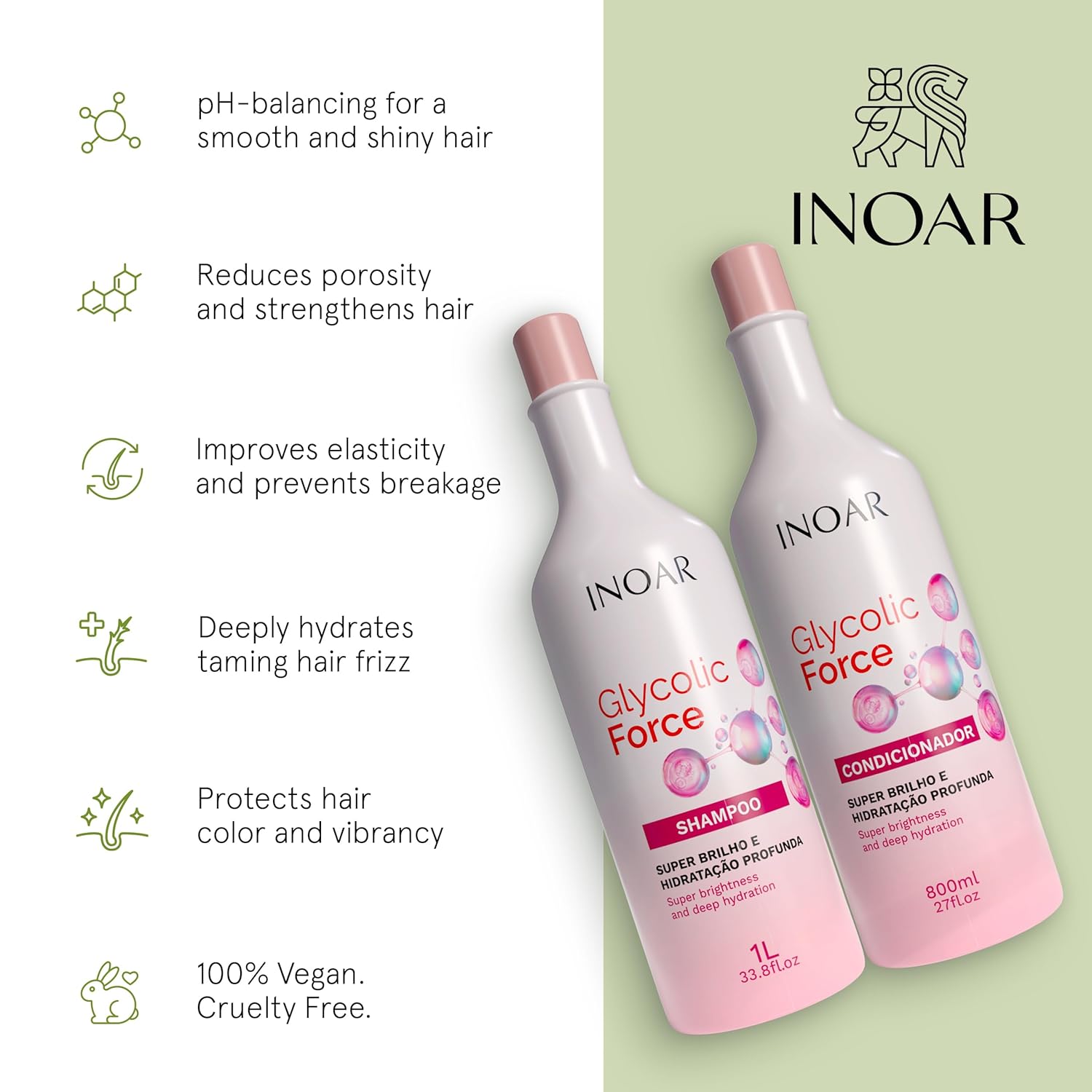 INOAR Glycolic Force Shampoo & Conditioner Bundle with Glycolic Acid for Deep Cleansing, Intense Hydration & Renewed Shine, 33.8 & 27 Fl Oz
