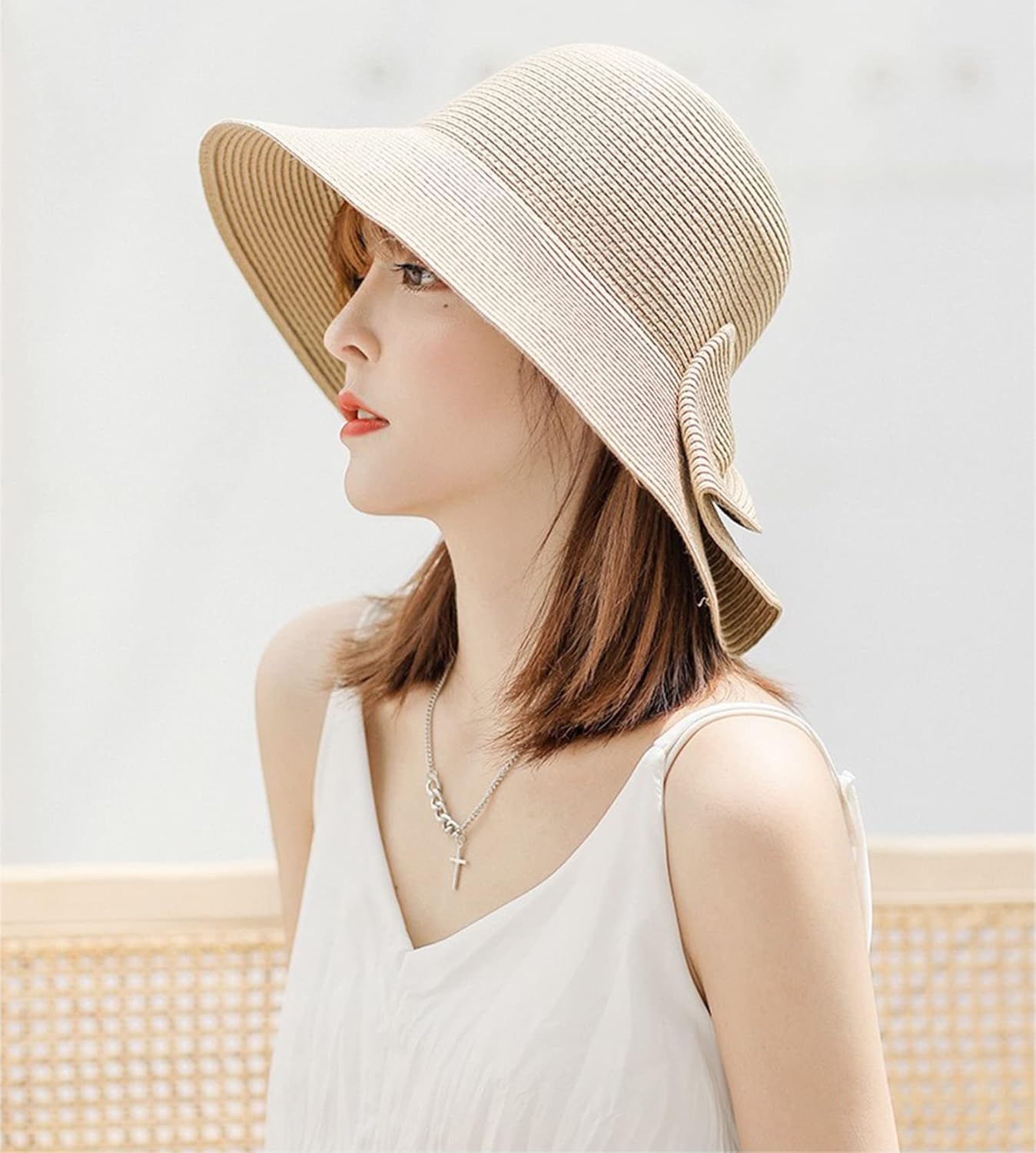 Womens Wide Brim Slit Sun Hat Bow Knot Summer Straw Sun Hats for Women - Image 3