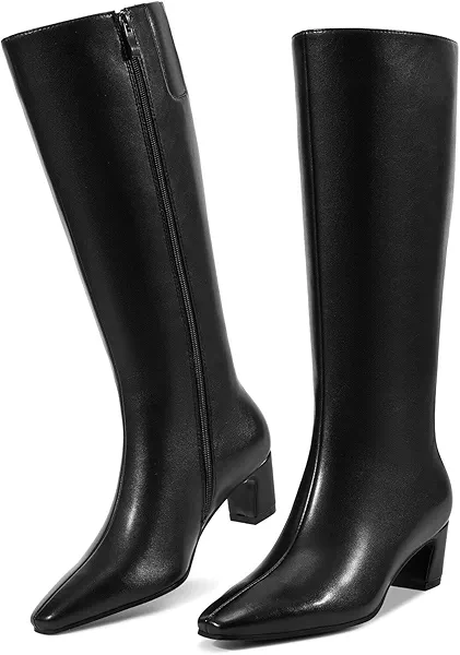 ISNOM Black Knee High Boots Women with Side Zipper Womens Tall Chunky Boots Low Heeled Pointed Toe, Black Knee High Long Boot for Fall Fashion Dress Party Wedding PU Leather