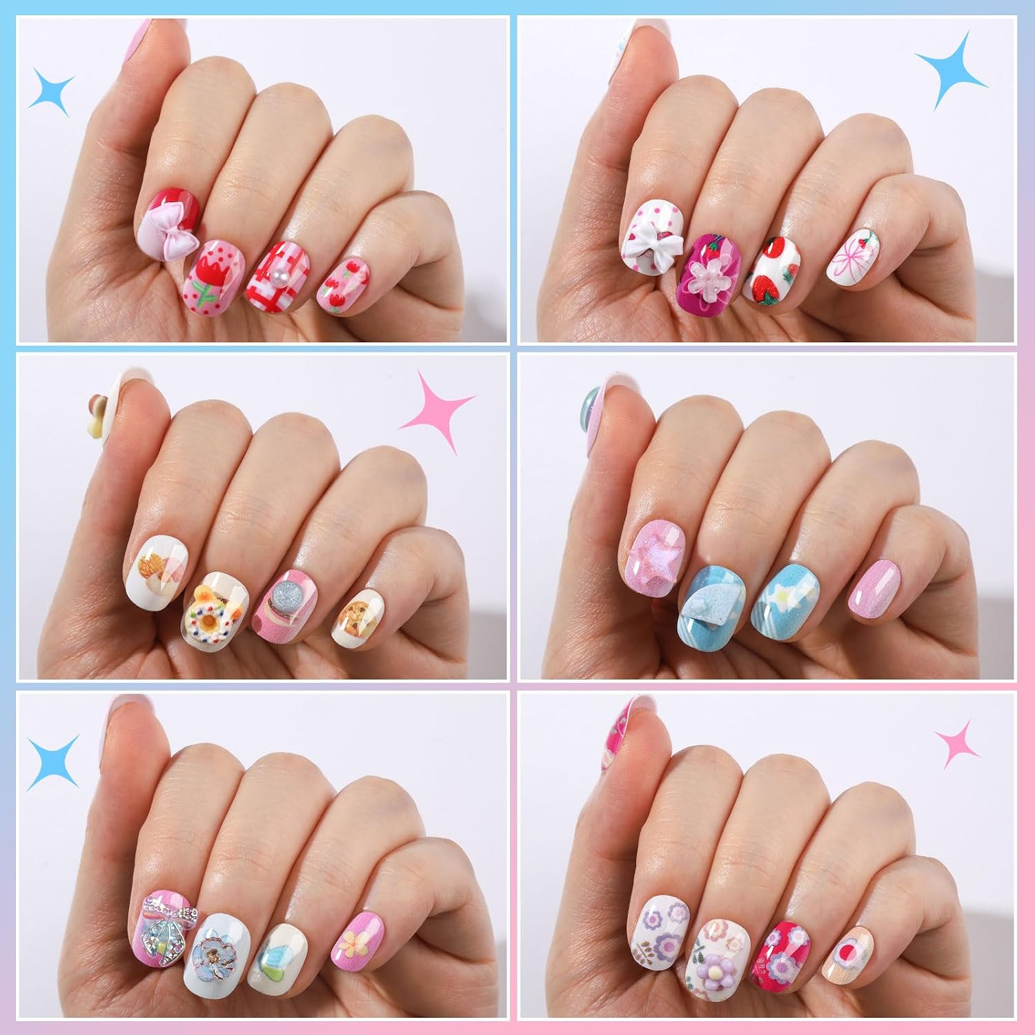 FANDAMEI Press on Nails, 6 Styles 144PCS Small Press on Nails for Little Nails, Fake Nail with 3D Nail Charms and Gems, Adhesive Tabs
