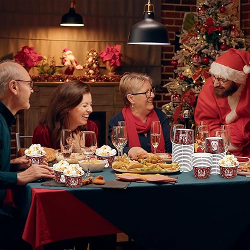 Miniatura 7 de Whaline 50 tazas de aperitivos de Navidad desechables a cuadros negros y rojos, cuencos de papel de helado de 9 onzas, copos de nieve de Navidad,