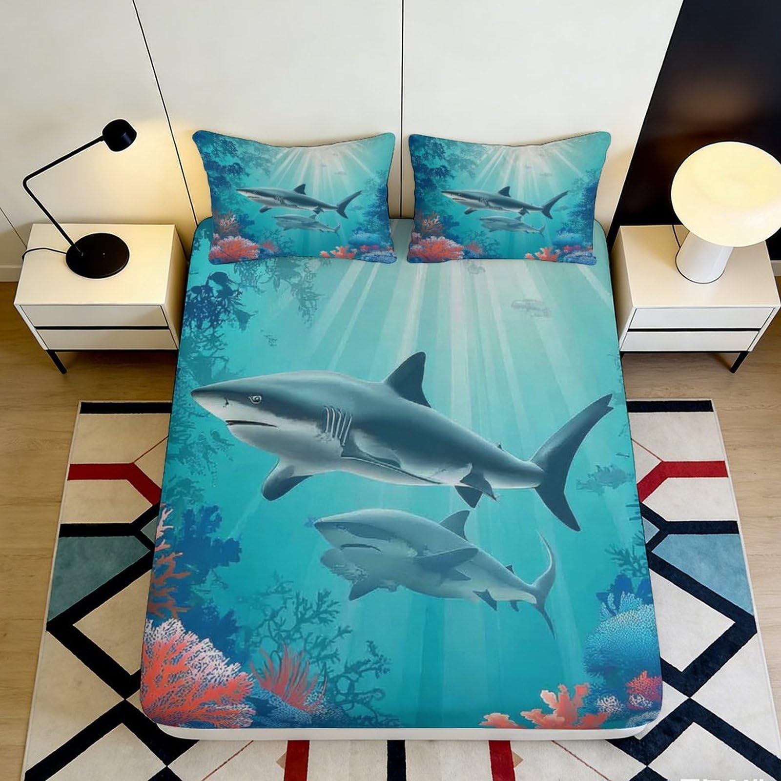 3D Printed Ocean Shark Fitted Sheet Microfiber Soft Breathable Coral Reef Bed Cover for Bedroom Dorm Decor 90x200x25cm