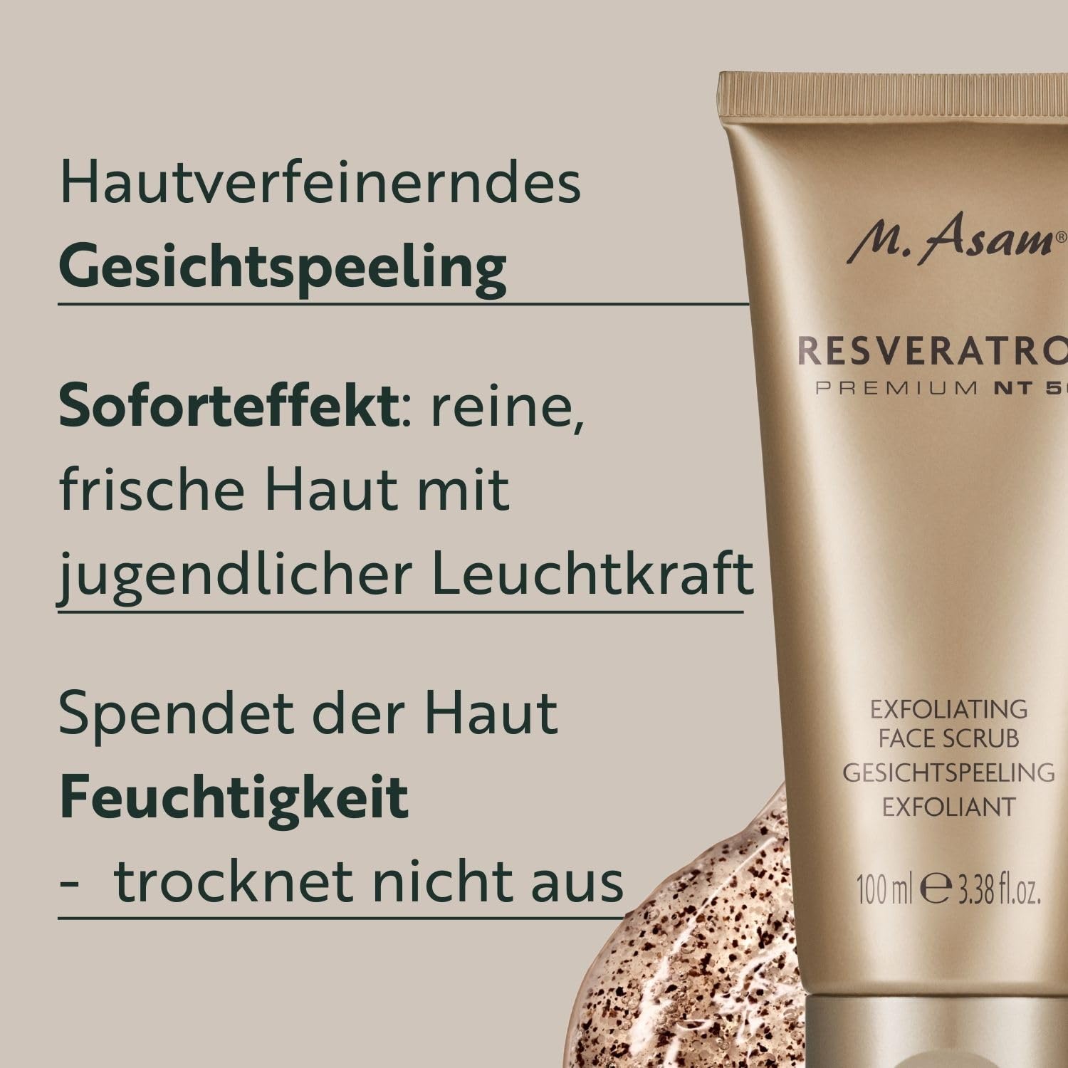 M. Asam Resveratrol Premium NT50 Longevity Exfoliating Face Scrub (100ml) | Hautverfeinerndes Gesichtspeeling für Glatte, Frische Haut, Gel-to-Foam Textur mit Traubenkernen