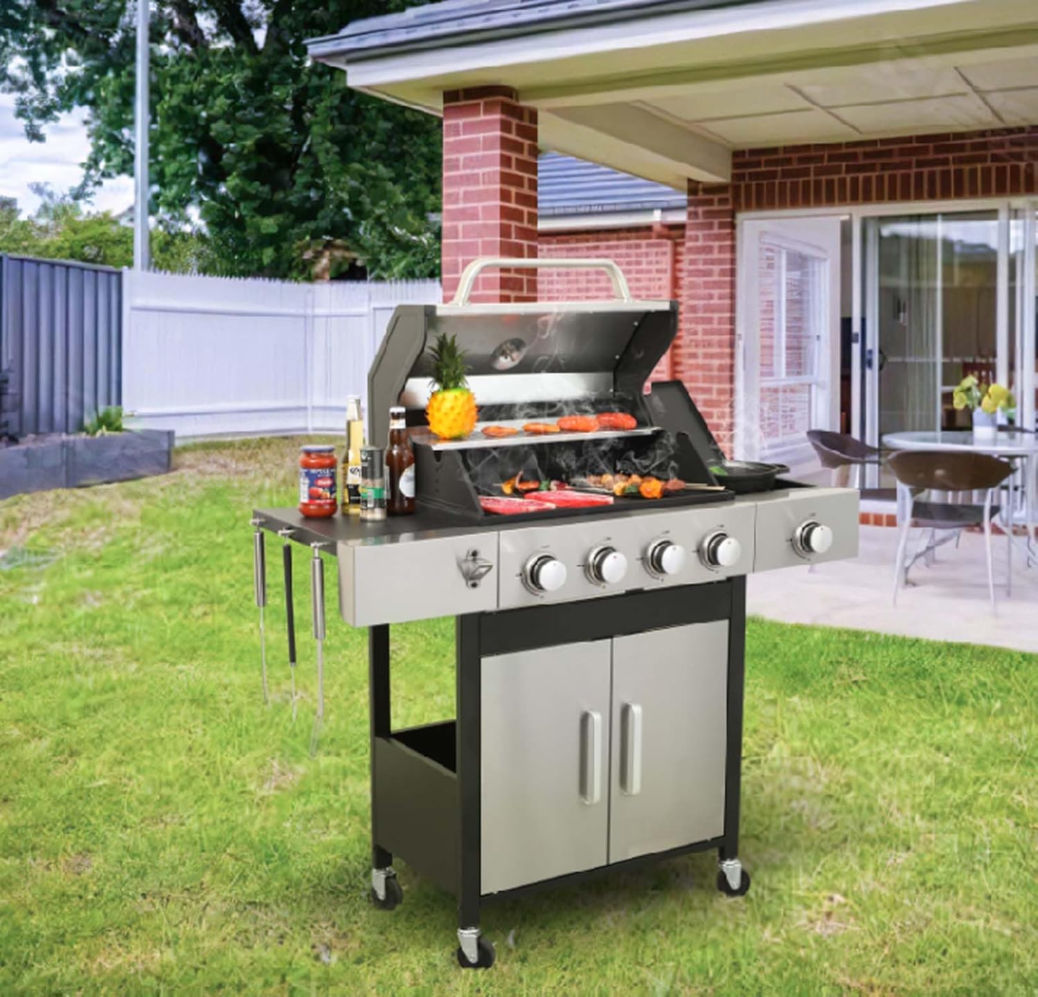 4-Burner Propane Gas BBQ Grill with Side Burner and Wire Enamel Cooking Grids, 46790BTUs, 439 Sq.In. Output Stainless Steel Grill with Top Cover Lid for Patio Garden Camping(4-Burner,439 Sq.In)