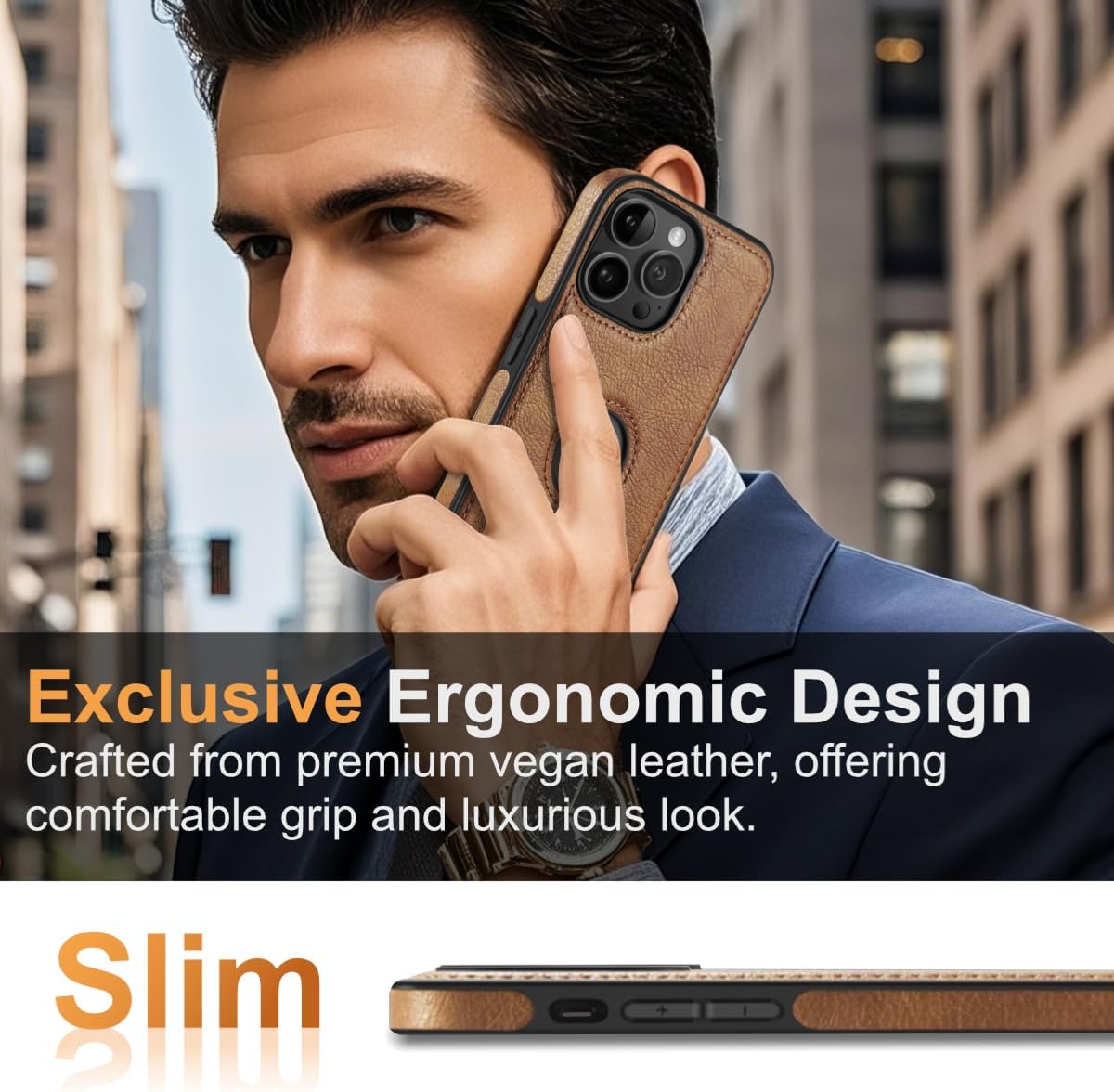 Classy Design Luxury Leather Phone Case for iPhone 12 Pro Max Non-Slip Grip Full Body Ultra Slim Protective Case (2020,6.7”) (Brown) - Image 2