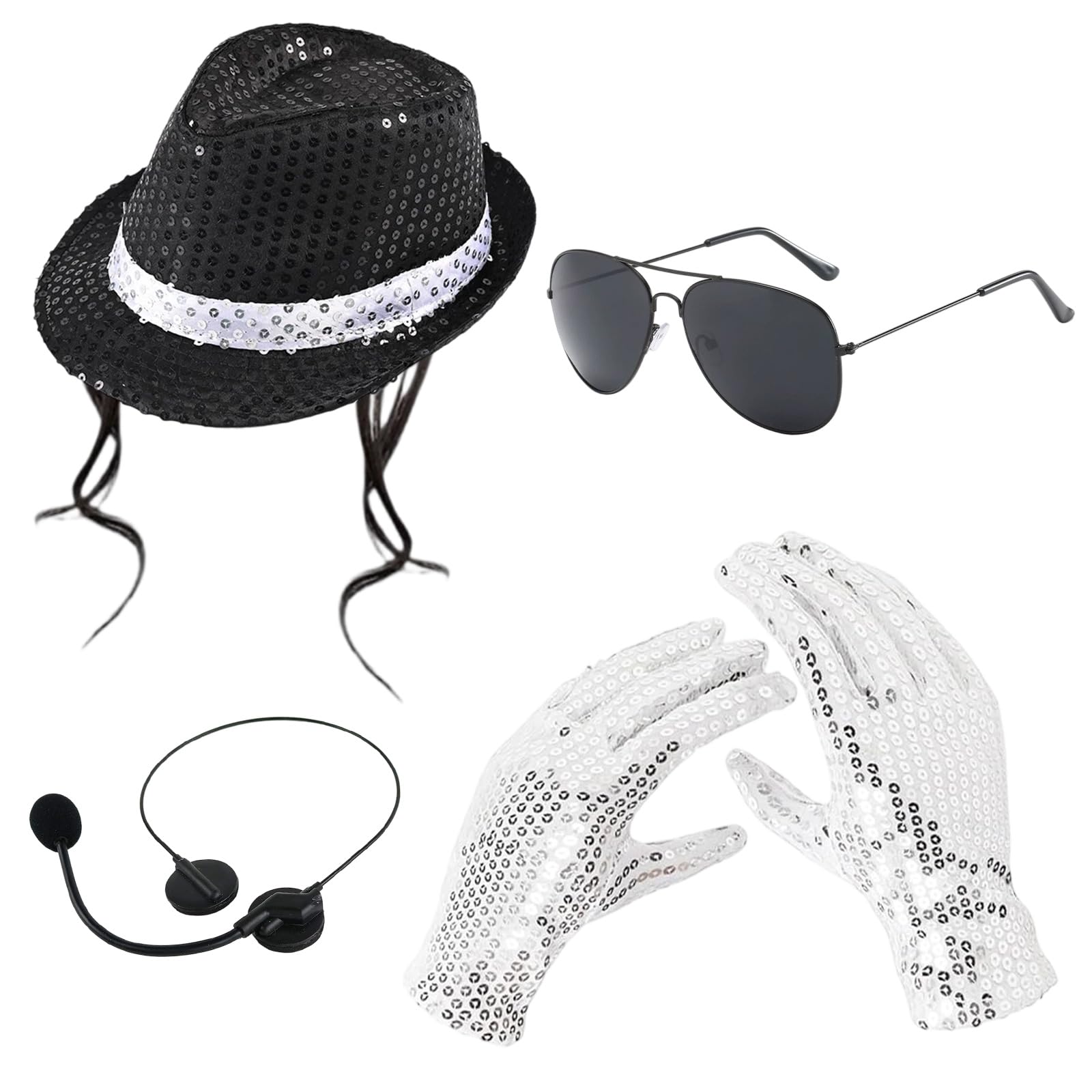 4 Pcs MJ Costume Accessories, 80s Pop Star Costume Accessories, Dancer Rocker Fancy Dress, Jazz Sequin Hat Glove Head Microphone Sunglasses, Black White Polyester Cosplay Set for Halloween Masquerade