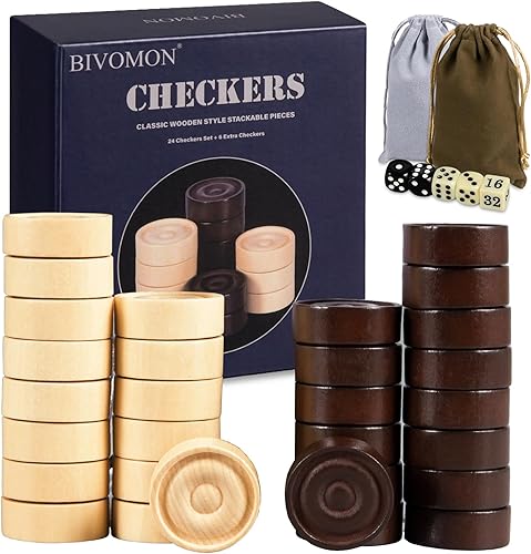 Miniatura 1 de Juego de 30 piezas apilables de madera clásicas, juego de 30 piezas de damas, 5 dados, 2 bolsas de almacenamiento con cordón, damas (1.2 pulgadas de