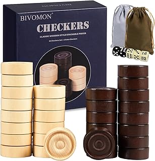 BIVOMON Classic Wooden Checkers Stackable Pieces, Backgammon Pieces, Set of 30 Checkers Pieces, 5 Dice, 2 Drawstring Storage Bags, Checkers (1.2 W X 0.4 H) Inches, Brown+Wood