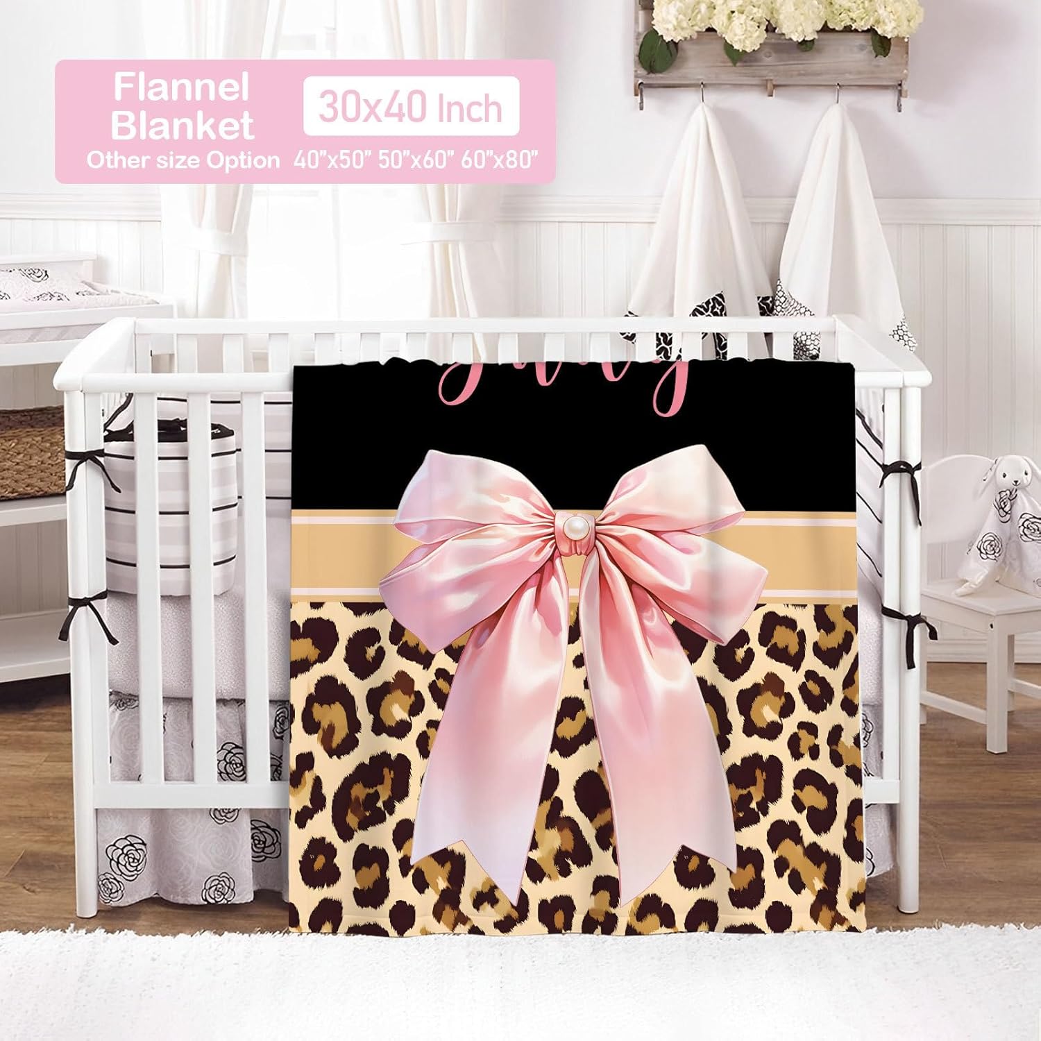 Personalized Baby Crib Bedding Set for Girls, Custom Name 3 Piece Pink Bow Nursery Bedding with Flannel Blanket, Fitted Crib Sheet & Pillowcase, Leopard Print Bedding Gift for Newborn Infant