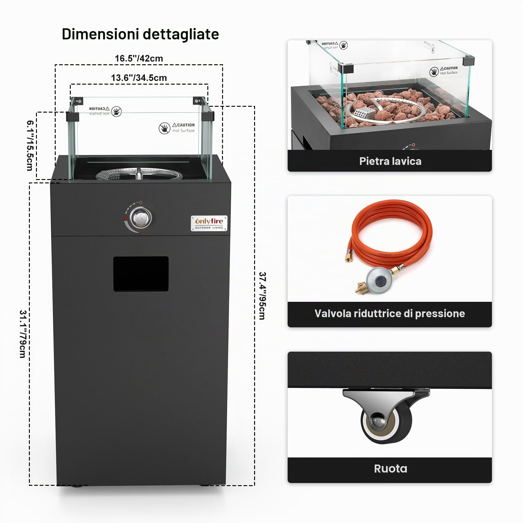Onlyfire 23000BTU - Braciere a gas per esterni, con protezione dal vento, ruote e pietre laviche, camino da terrazza con accensione elettronica, per giardino e balcone