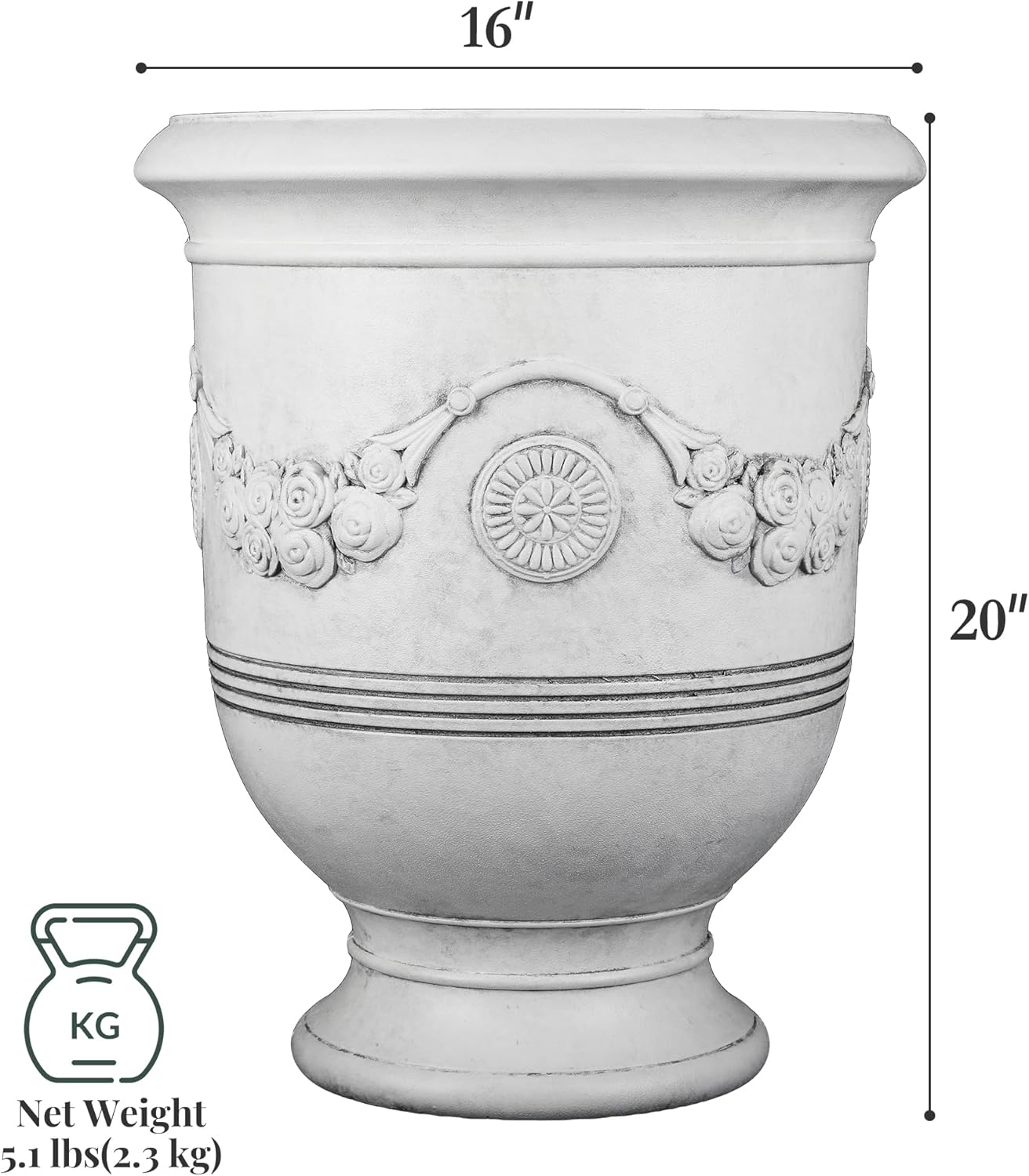 KOL Large Plastic Urn Planter - 16” Dia x 19” H Lightweight Classic Planter Pot with Cement Texture & Drainage Hole, Weather Resistant for Outdoor Plants, Patio, Garden Decor (White)