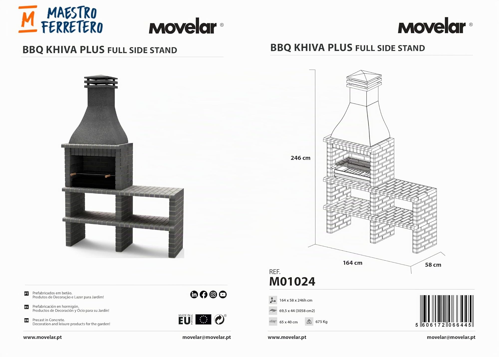 MOVELAR - Barbacoa de Obra Prefabricada para Leña y Carbón Modelo BBQ KHIVA PLUS CON CABALLETE LATERAL COMPLETO Y CON PARRILLA (Gris oscuro - 164 x 58 x 246 cm) REF: M01024 - Uso en Exteriores