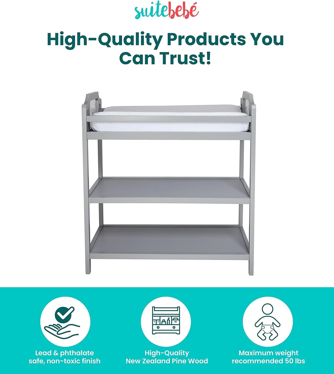Pemberly Row Modern Wood Changing Table, Light Gray Finish, 36 in x 34.25 in x 18.75 in, Surrounding Safety Rail, Ample Shelf Storage, Nursery Furniture for Baby Essentials
