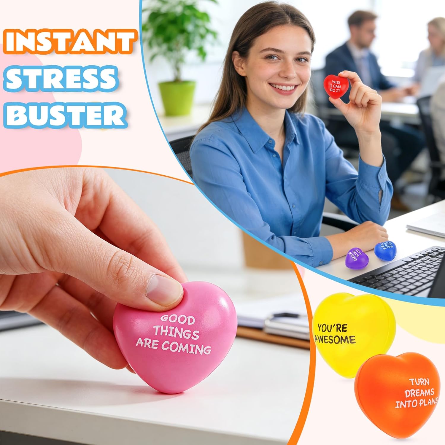 Stress Balls, 100PCS Bulk Heart Stress Balls, Stress Balls for Adults & Kids, Motivational Quotes Soft Foam Stress Relief Squeeze Toys, Office Classroom Stress Relief Gifts, Perfect Party Favors - Image 5