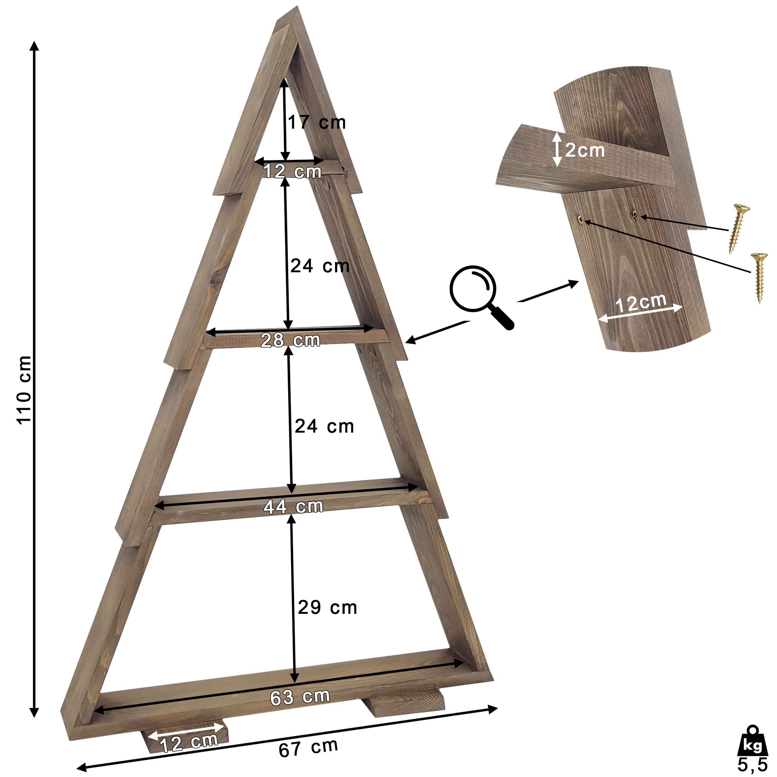 Weeco Árbol de Navidad de Madera XXL 110 x 67 cm Con 4 Estantes para Adornos - Decoración Hecha a Mano por Fuera y por Dentro - Figura Marrón Oscuro Wengué