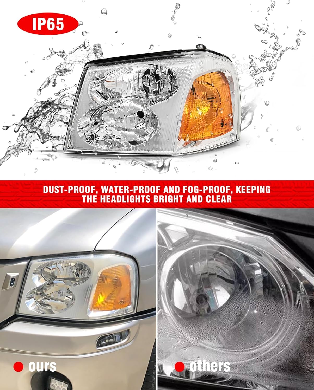 Headlight Assembly for Gmc 02 03 04 05 06 07 08 09 Envoy Headlight fit 2002-2009 Gmc Envoy Headlamp Amber Clear Lens Chrome Housing with Reflector Replacement Left + Right（W/O Bulbs）