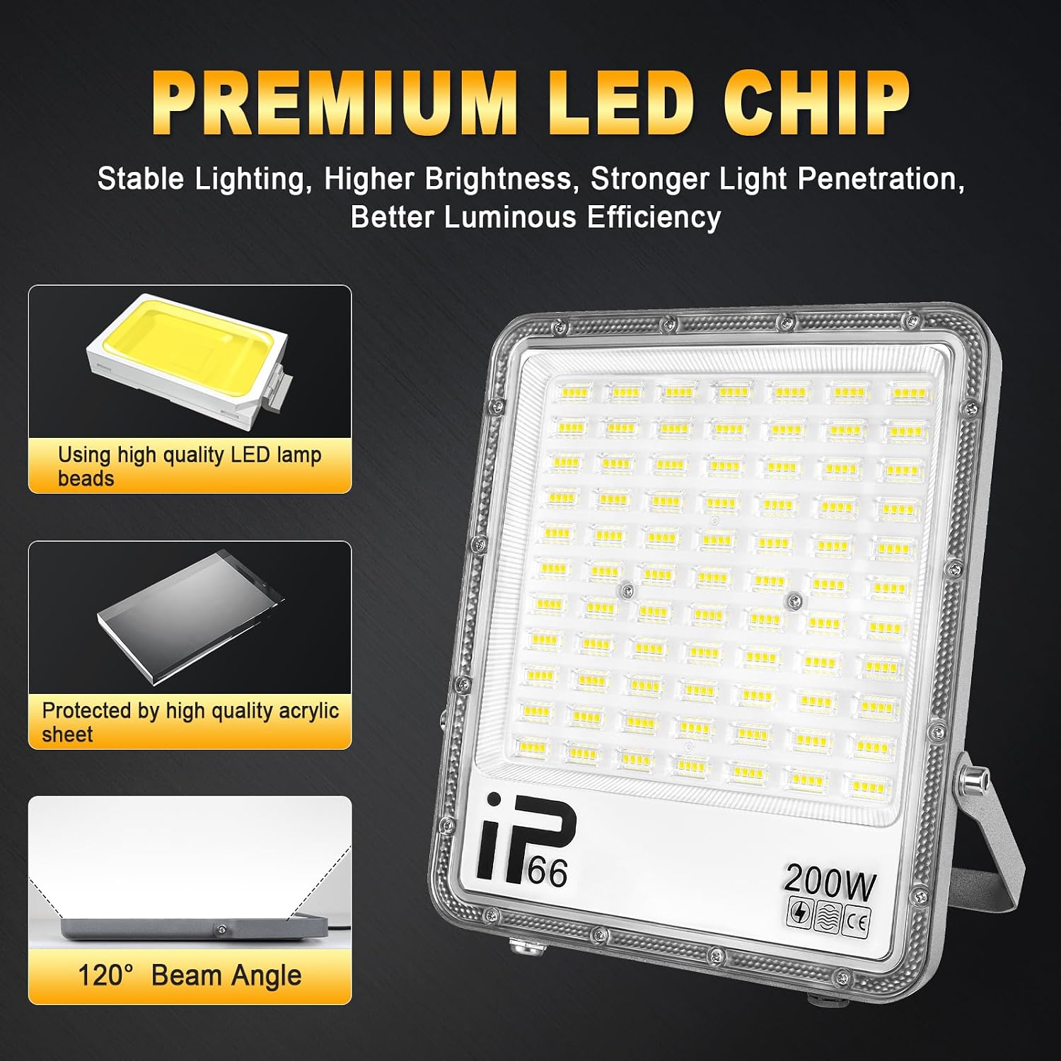 RIGIDON 1Pcs 200W LED Flood Light Outdoor with 1.5M Plug, 20000LM Super Bright Outdoor Lights 6000K Daylight White IP66 Waterproof Security Lights for Garden, Garage, Yard, Sports Ground, Patio, Porch