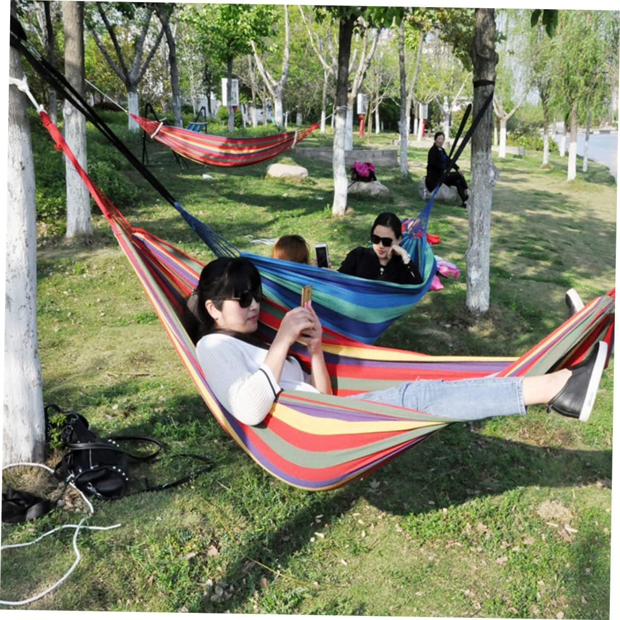 MERRYHAPY Person Camping Hammock Swing Thick Canvas Outdoor Double Hammock for Hanging Bed Rainbow Design