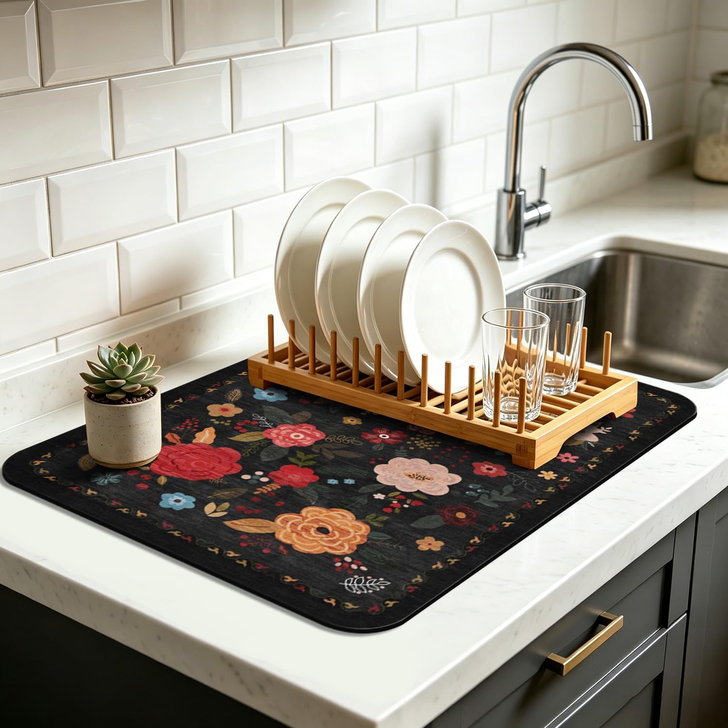Dish Drying Mat for Kitchen Counter 12x20 Inch, Boho Quick Dry Coffee Mat