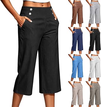 Capris for Women with Pockets Womens Cotton Linen High Waisted Pants Dressy Casual Cropped Pant Casual Summer Clothes