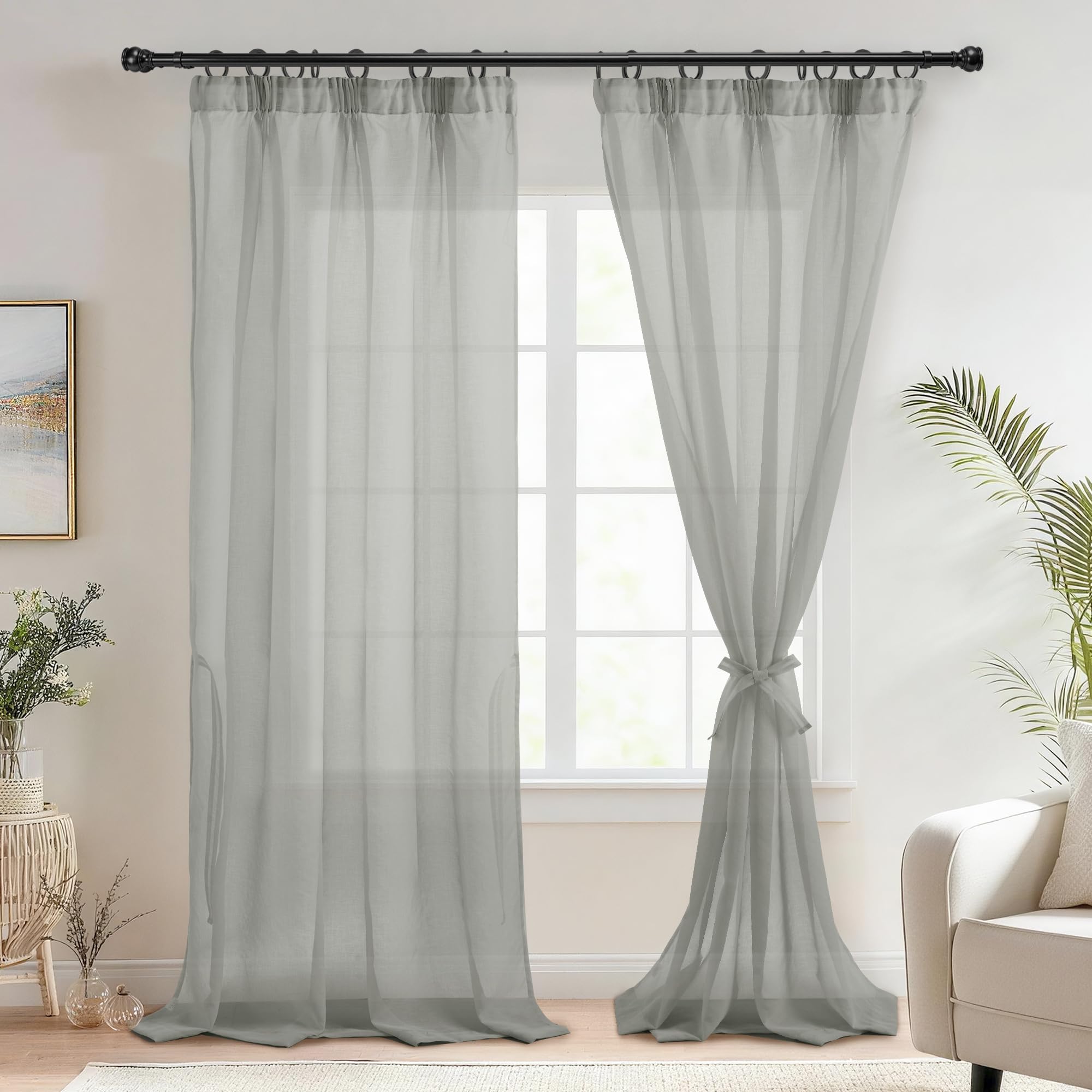 DWCN Stores Gardinen mit Kräuselband Transparent Vorhang Grau H260 x B140cm