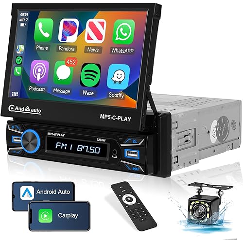 [Upgrade] Wireless Apple Carplay Single Din Radio, 7 Inch Touch Screen Car Stereo Motorized Flip Out Car Audio Receiver with Android Auto Mirror Link Bluetooth FM SWC Backup Camera AUX/USB/TF