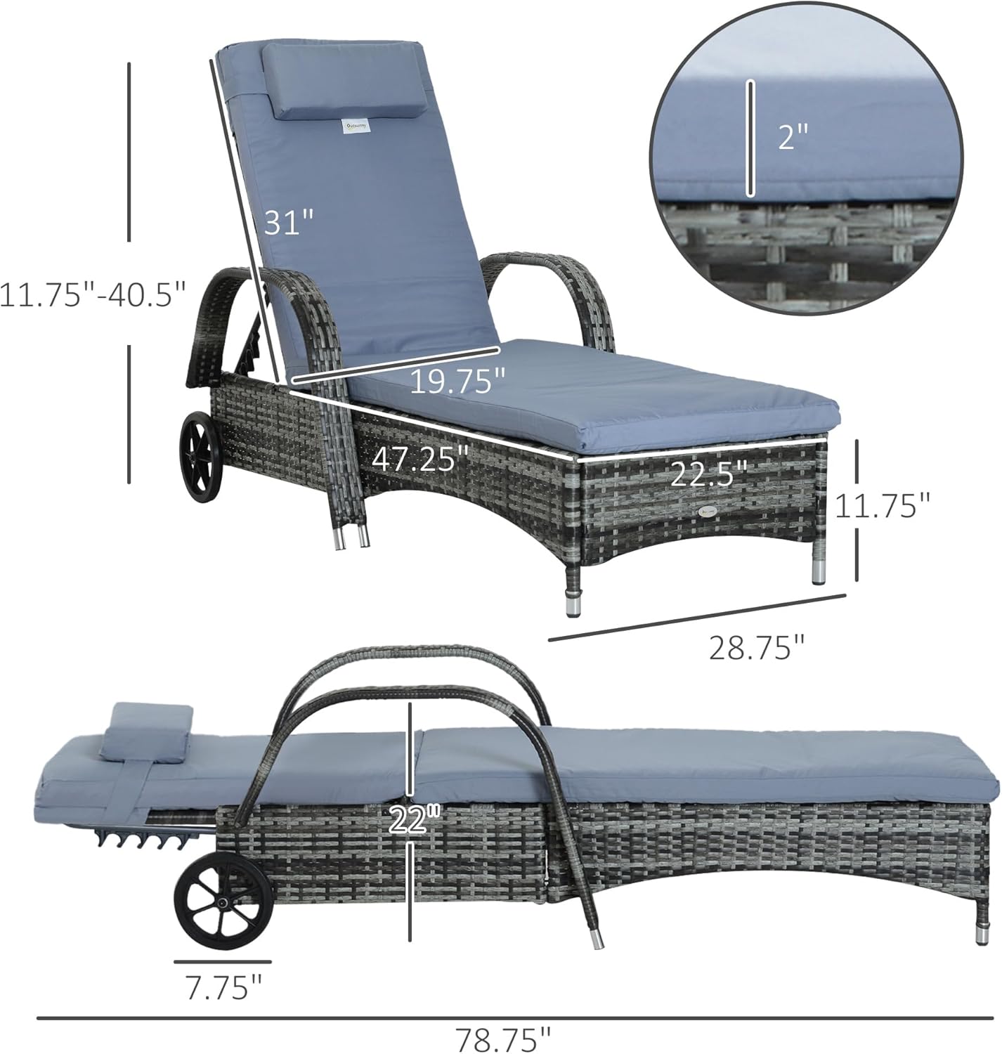 Blue Steel Wicker Chaise Lounge with Cushion and Wheels