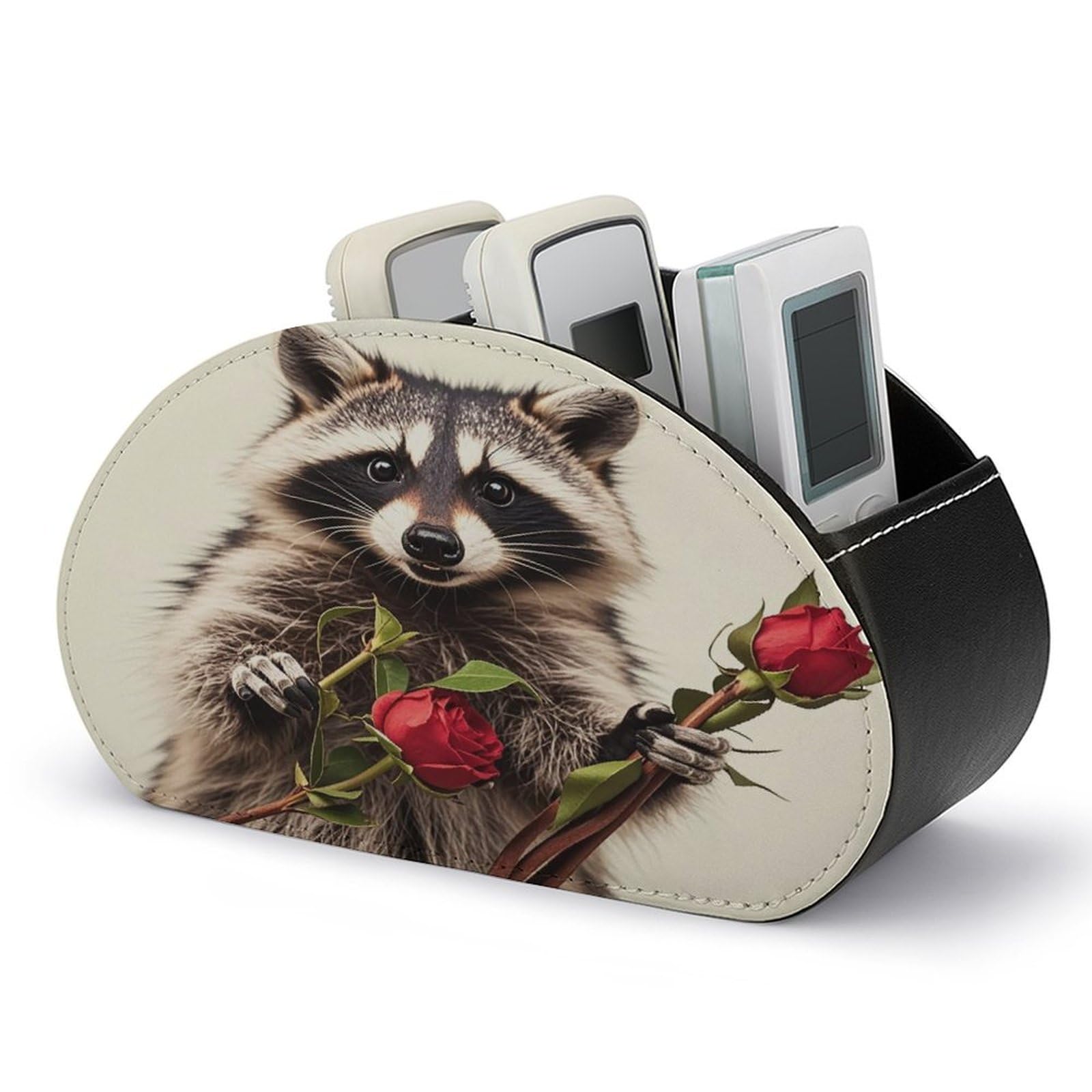 FekiLoot Funny Raccoon TV Remote Control Holder with 5 Compartments Multi-functional Leather Bedside Table Remote Caddy Desktop Storage Box for Store Pen Controller Media Player Cosmetic