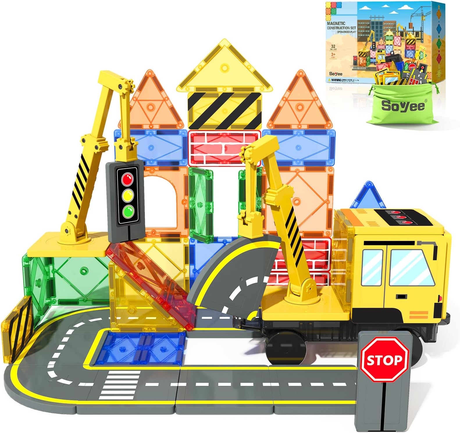 Magnetic Tiles Construction Set with Crane, Road Pieces and Truck Magnetic Blocks STEM Building Toys for Kids 3+, 4 5 6 7 8 Year Old Boys Birthday Gifts - Improves Fine Motor & Problem-Solving Skills