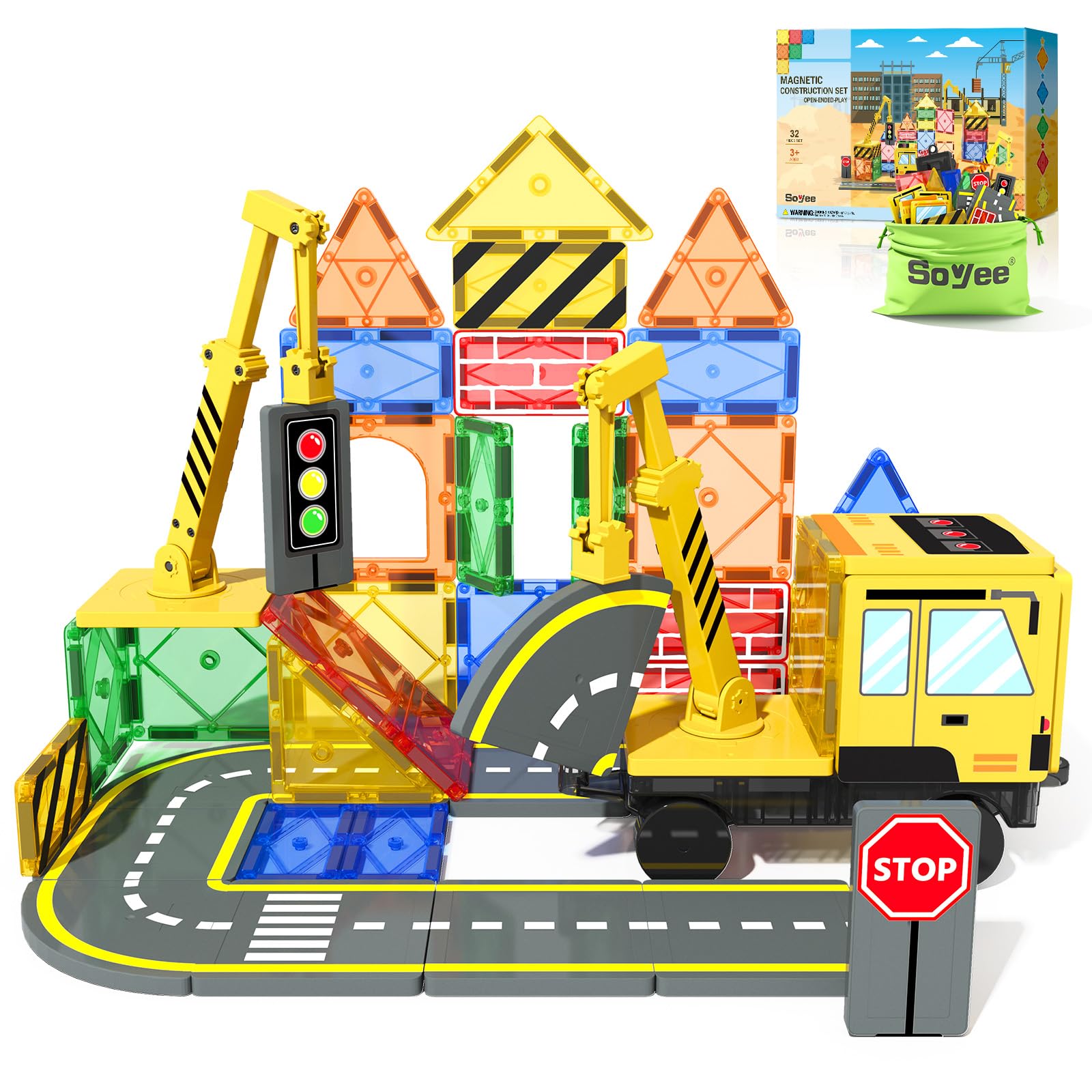 Magnetic Tiles Construction Set with Crane, Road Pieces and Truck Magnetic Blocks STEM Building Toys for Kids 3+, 4 5 6 7 8 Year Old Boys Birthday Gifts - Improves Fine Motor & Problem-Solving Skills