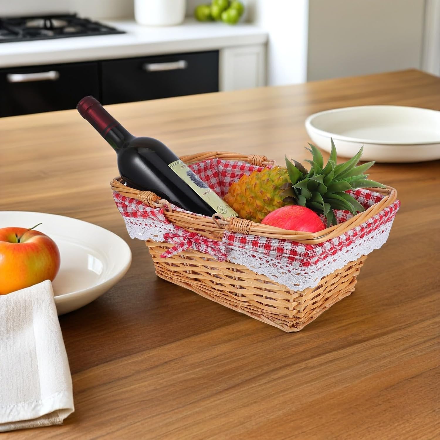 Xmas Rectangular Wicker Fruit Basket with Liner for Bread and Snacks