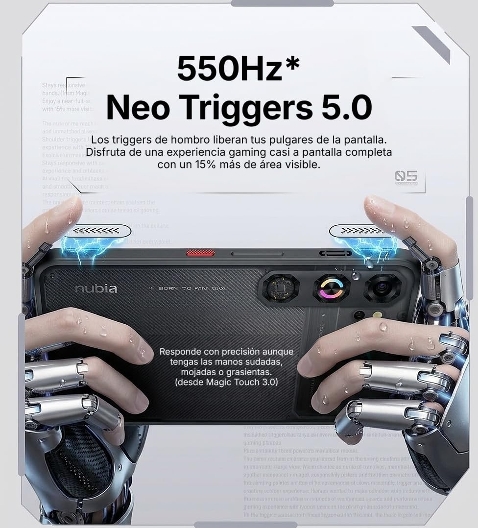 ZTE Nubia Neo 5 GT 5G, Smartphone Gaming con IA, 12GB+256GB, Gatillos Laterales, Ventilador físico Incorporado, Pantalla AMOLED 6,8" 1.5K 144Hz, 6210mAh Doble celda, Android 16, Negro (Phantom Black)