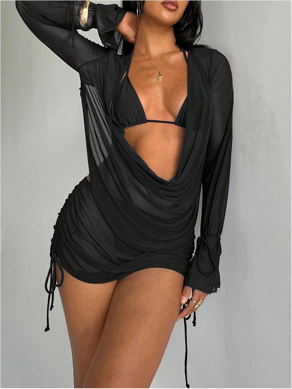Milumia Women's Sheer Mesh Swimsuit Cover Up Sexy Draped V Neck Backless Coverup Tops Beachwear - Image 4