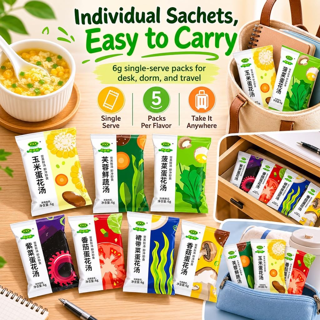 Mezcla De Sopa Instantánea 7 Sabores, 35 Paquetes Huevo Verduras Liofilizadas, Preparación Rápida 30 Segundos For Desayuno, Merienda Y Viajes