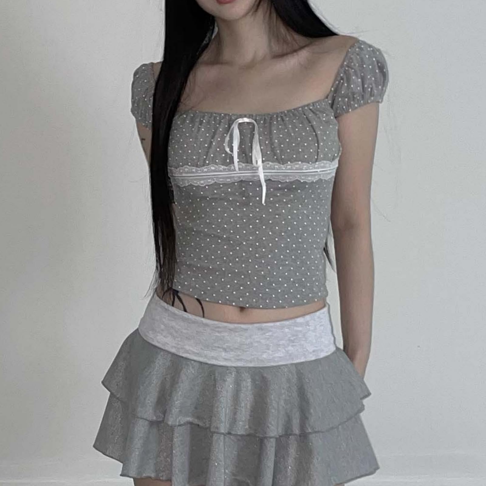 Womens E-Girls Short Sleeve T-Shirt Y2k Lace Trim Crop Tops Crewneck Fairy Grunge Tee Tops Aesthetic Summer Clothes