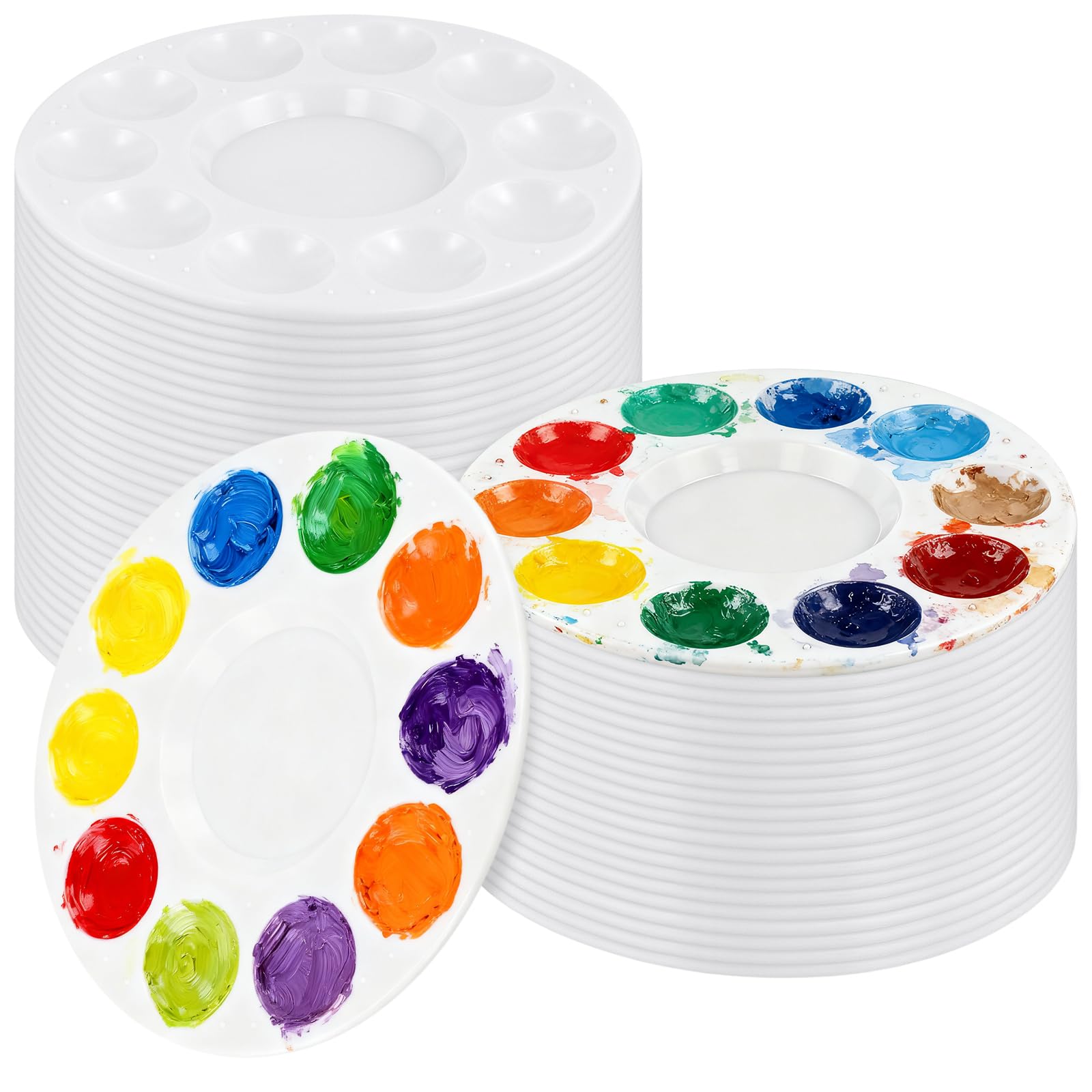 Cheungr White 50 Pcs Round Paint Palette Tray, 6.3 Inch Plastic Paint Pallets With 10 Wells And 1 Central Reservoir For Painting, Art And Oil Diy Craft