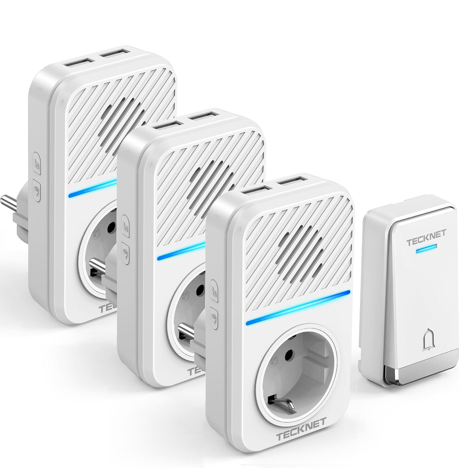 TECKNET Funkklingel Batterielose, Steckdosen Kabellose Türklingel, IP65 Wasserdicht Drahtloses Funk Türklingel mit 3 EU-Steckdose und 6 USB, 400m, 60 Laute Melodien, 5 Lautstärke Stufen, LED-Blinken