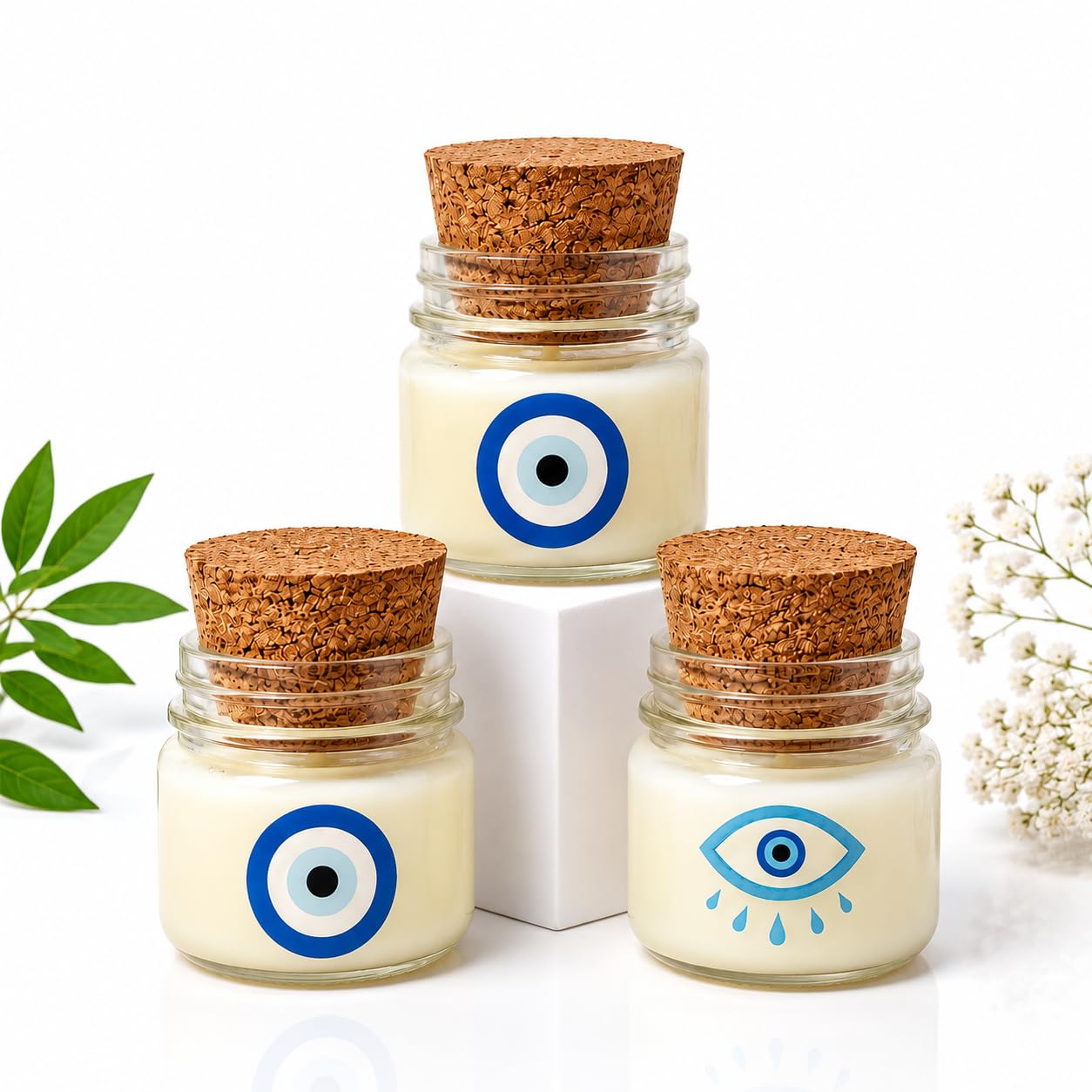 Flames and PALATES Evil Eye Candle Set | Pack of 3 Soy Wax Candles (30g Each) | Oudh Musk Fragrance | Glass Jar with Cork Lid | Home Decor & Gifting-image-16