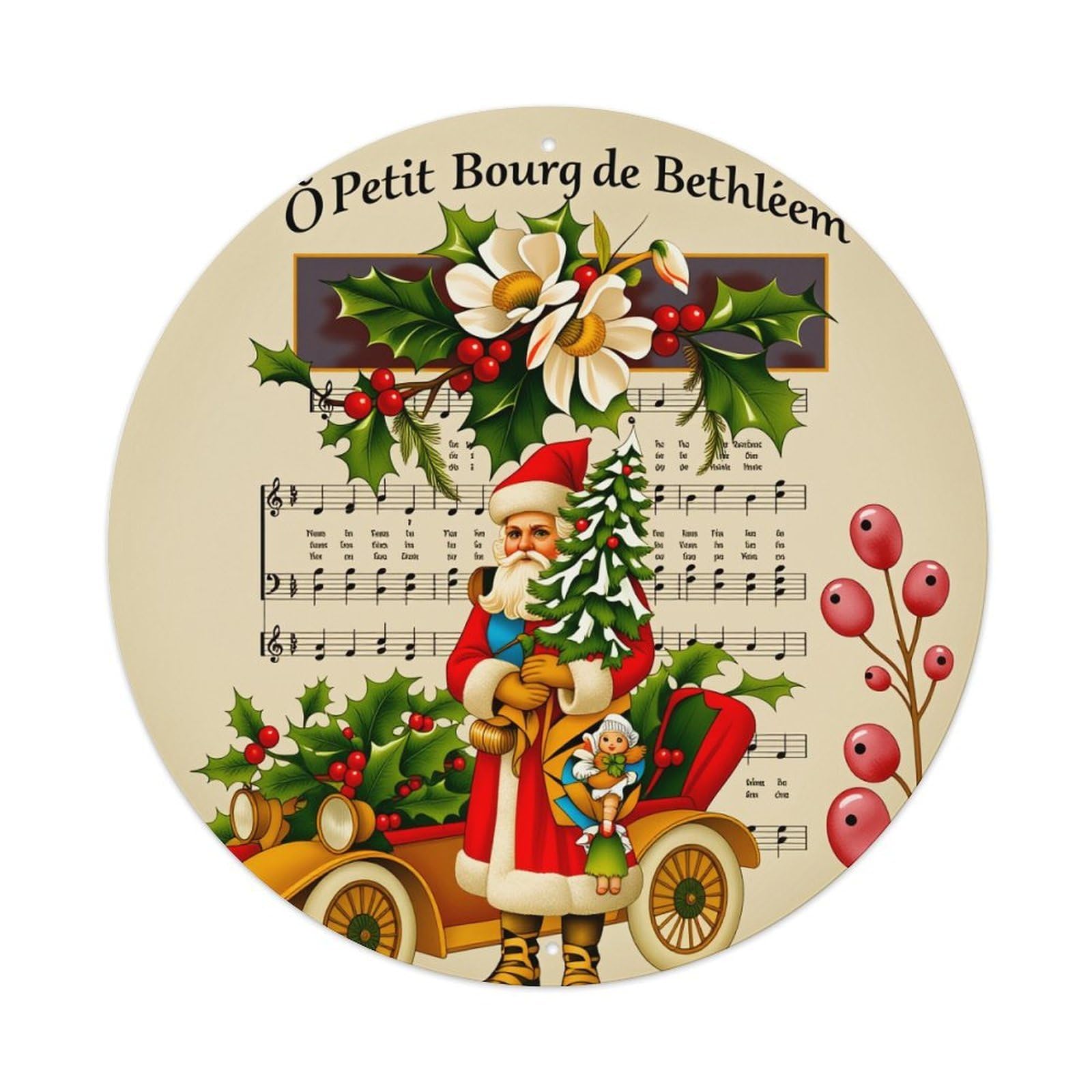 Christmas Santa Carriage Music Holly Round Tin Sign Vintage Metal Poster Retro Bar, Home, Man Cave, Kitchen, Laundry Room Wall Art Decor Gift 8x8Inch