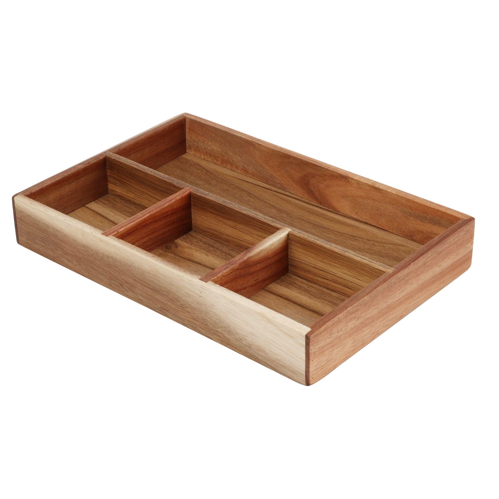 Carousel Home Natural Acacia Wood Drawer Organiser | Wooden 4 Compartment Draw Dividers Wooden Storage Box | Storage For Cutlery, Makeup & Office Desk - 30X20cm