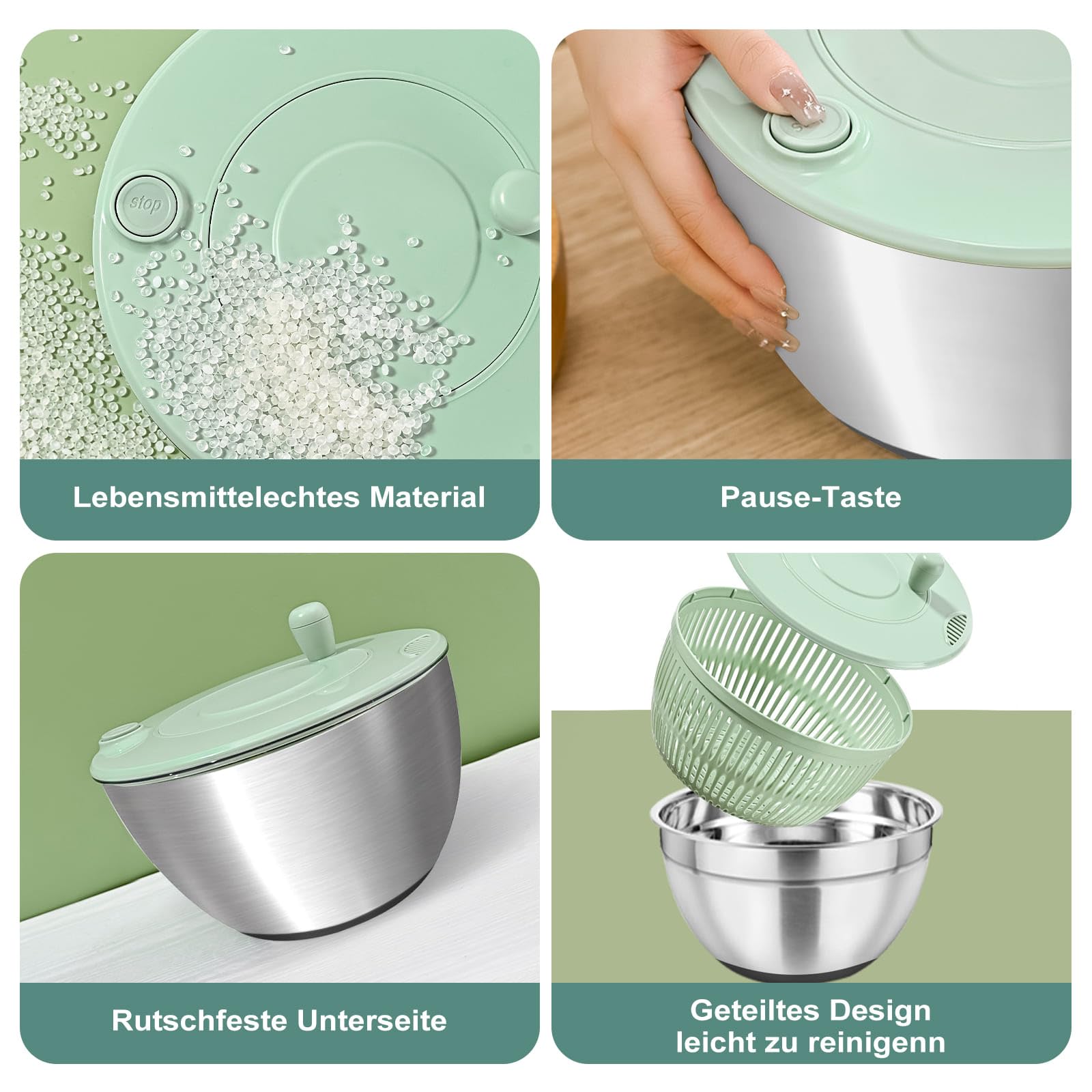 5L Salatschleuder Edelstahl, Gemüseschneider, Rührschüssel 3-in-1, mit 6 verschiedenen Ausstechern & rutschfestem Boden, Handkurbel-Design, Zum Obst und Gemüsehobel und trocknen, Küchenhelfer
