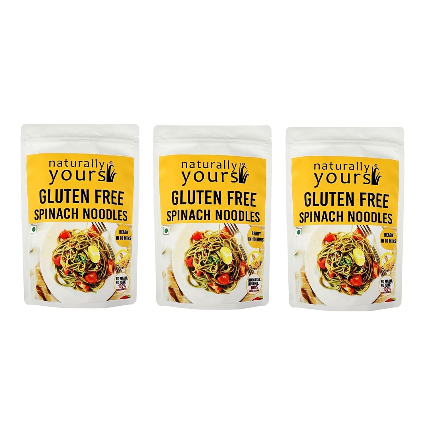Naturally Yours Noodles Spinach Gluten-Free |100% Natural & Vegetarian |No onion no garlic | No preservatives artificial flavors colors or MSG (Pack of 3, Each pack Contains 3.52 Ounce )