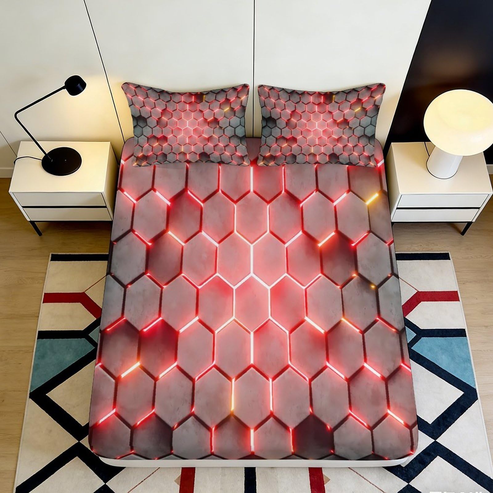 3D Printed Red Honeycomb Pattern Fitted Sheet Microfiber Soft Breathable Gray Hexagon Bed Cover for Bedroom Dormitory Guest Room Mattress Protection 180x200x25cm