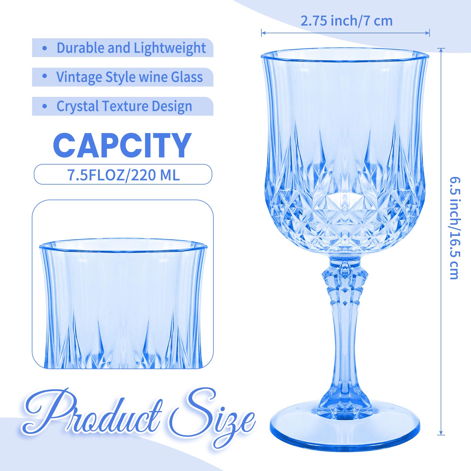 Lot de 48 verres à vin en plastique bleu clair, verres à vin vintage en plastique pour fêtes, verres à eau réutilisables pour réception de mariage, grand événement