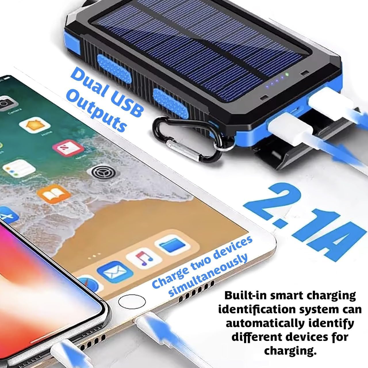 Solar Power Bank 20000 mAh, caricabatterie portatile a ricarica rapida con torcia e bussola, batteria di backup impermeabile per uso esterno e viaggi, ricarica alla luce solare o con il cavo in